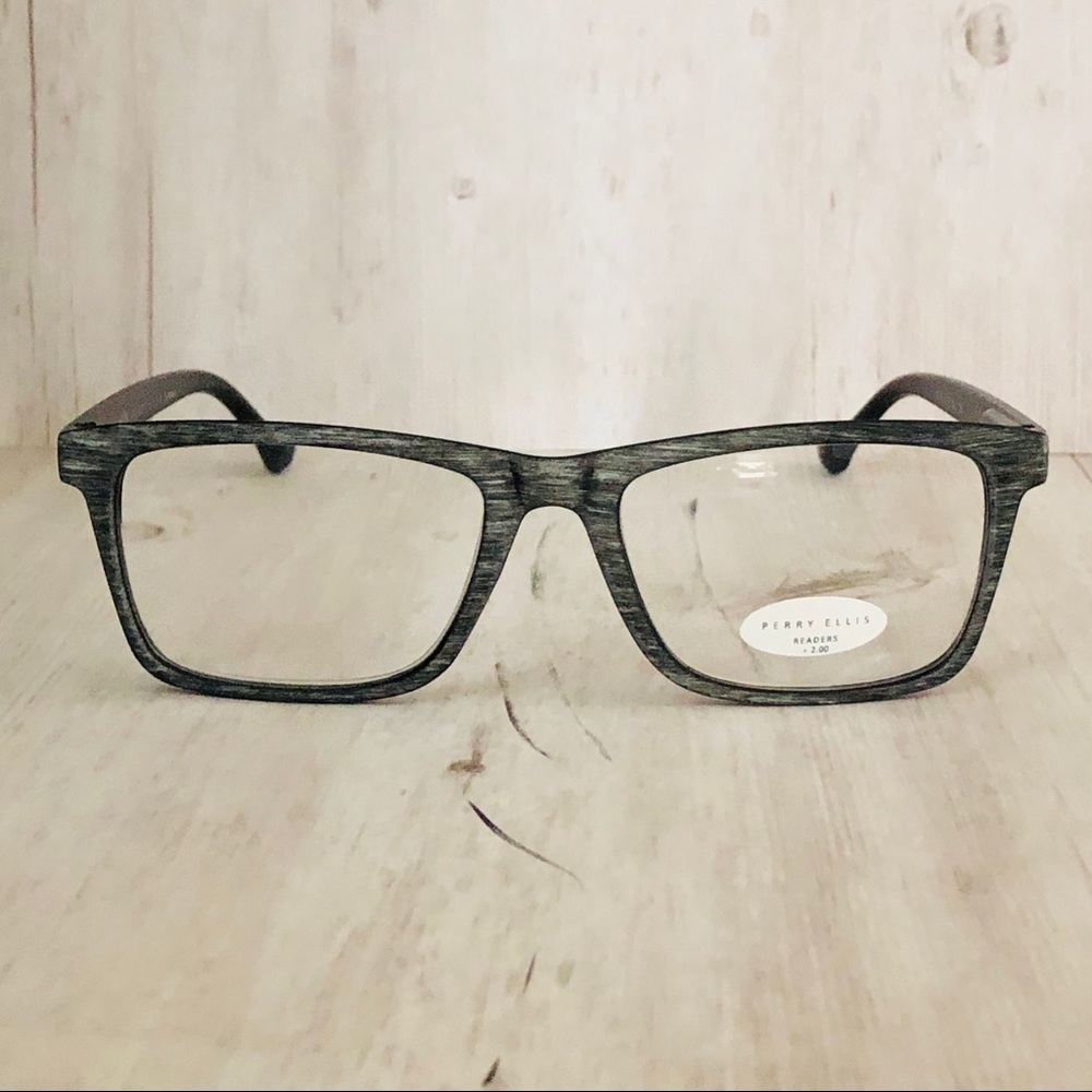 Perry Ellis 2.00 gray square reading glasses-